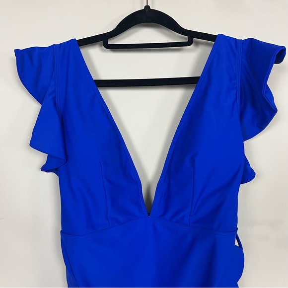 ONE PIECE SWIMSUIT PLUNGE V RUFFLE NECKLINE WITH BELT COBALT BLUE SIZE XL - Picture 12 of 15
